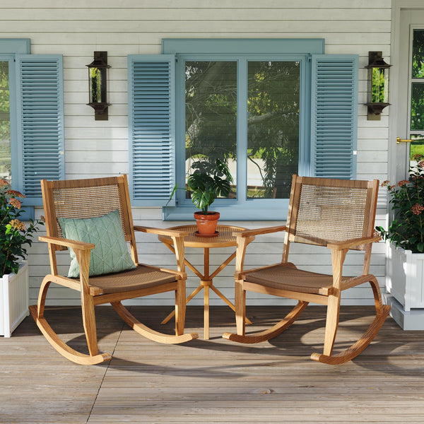 English Elm Go Acacia Wood Outdoor Rocking Chair Set Two Pe Wicker Seats for Patio Porch Natural N704P245214A
