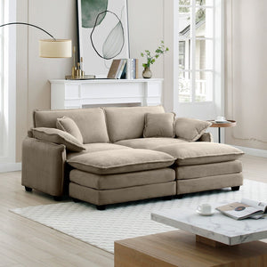 English Elm Two-Seater Theater Sofa With Ottoman – Retro-Inspired Tan Corduroy Comfort For Small Spaces! W714S00711-GIGA