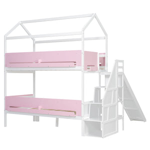 English Elm House-shaped Pine Bunk Bed with Built-in Slide Storage Staircase Twin Over Full Kids Frame White+Pink N820S00082K