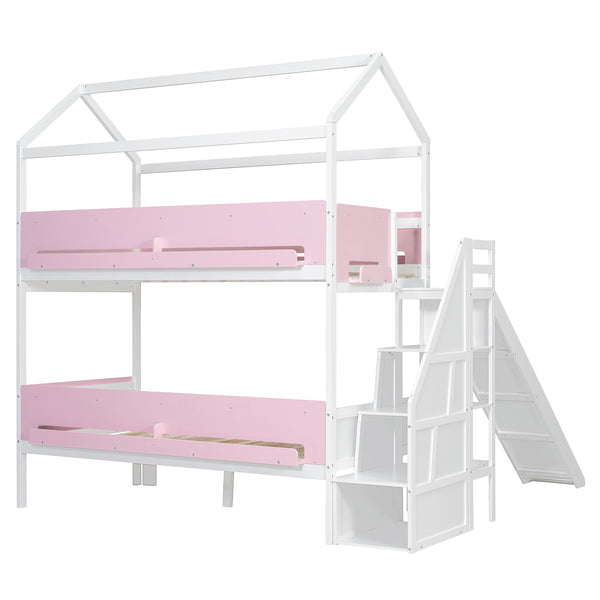 English Elm House-shaped Pine Bunk Bed with Built-in Slide Storage Staircase Twin Over Full Kids Frame White+Pink N820S00082K