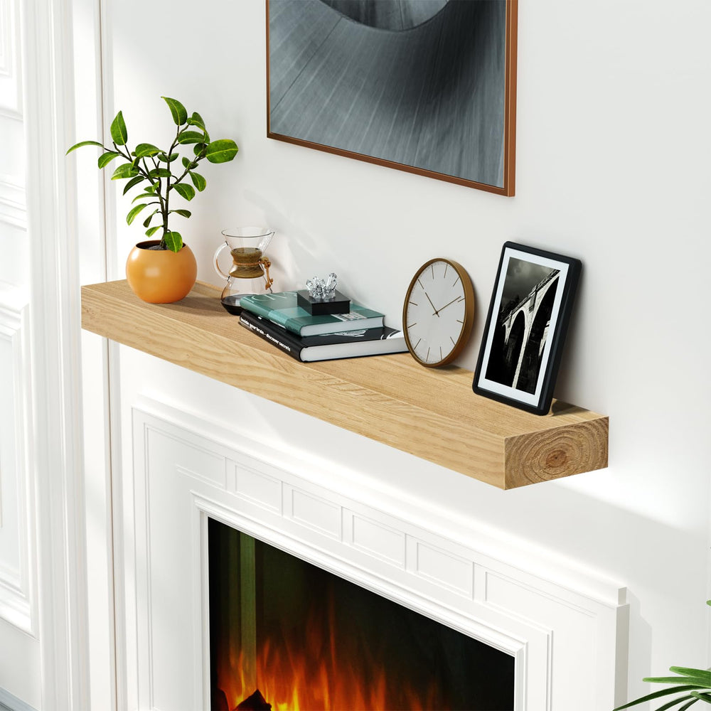 English Elm Fireplace Mantel - 48" Handcrafted Floating Wood Shelf With Rustic Aged Oak Finish For Display Decor T3210P391499
