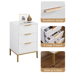 English Elm Nightstand with Drawer | 3-Tier Modern Bedside Table with Hidden Drawer, Open Shelves, Sturdy Build White+Gold 27.4 L x 17.9 W x 6.3 H W3151P345786