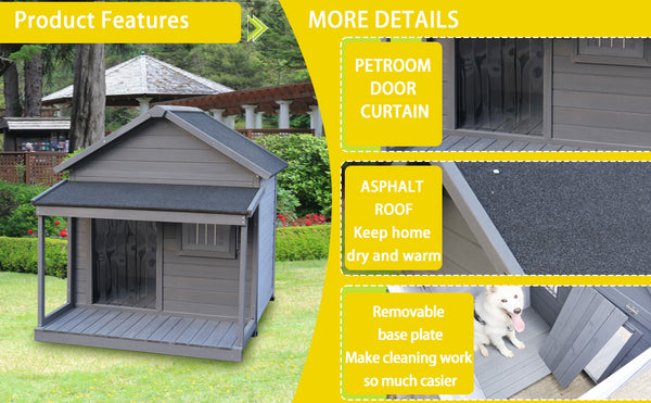 English Elm Large Breed Outdoor Doghouse Solid Fir Wood Covered Porch Weatherproof Asphalt Roof W1431S00011