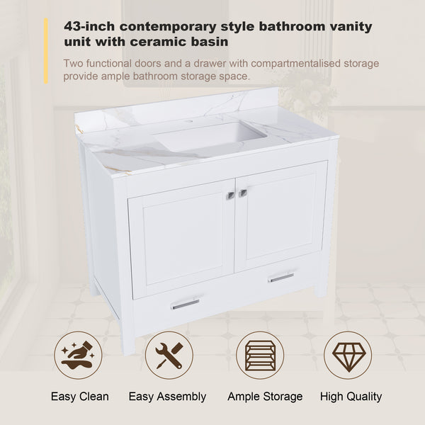 English Elm Modern 43" Bathroom Vanity With Artificial Marble Finish, Solid Wood Frame & Practical Storage Solutions W509S00140