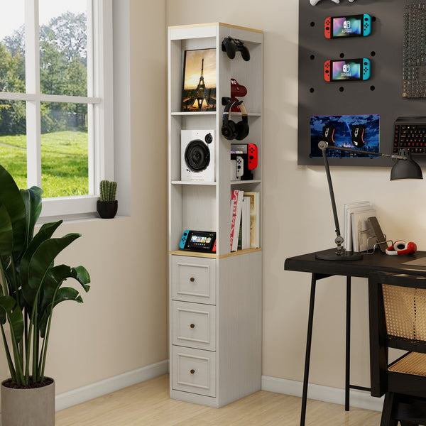 English Elm 73" Slim Tower Cabinet Antique White Mdf with Drawers Hooks and Display Shelves W1120P327084