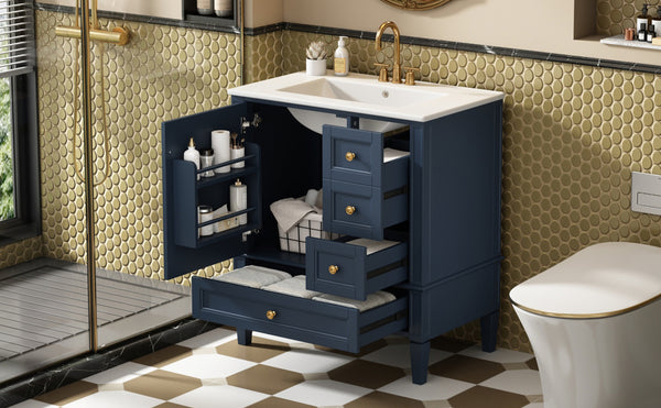 English Elm 30 30 Inch Bathroom Vanity with Ceramic Sink, Modern Compact 3-Drawer Storage Cabinet for Small Baths Blue N710P247499C
