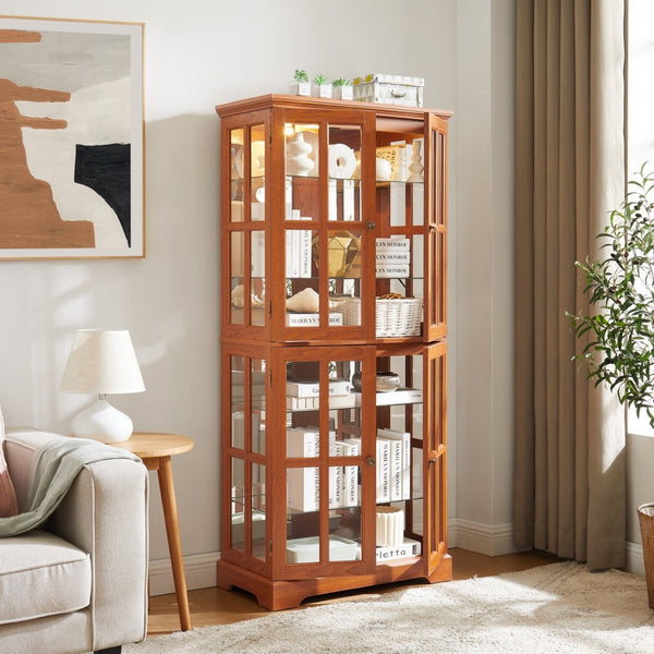 English Elm Vintage Curio Display Cabinet With Adjustable Shelves & Led Lighting - Elegant Dark Oak Showcase For Home W1758P300119-GIGA