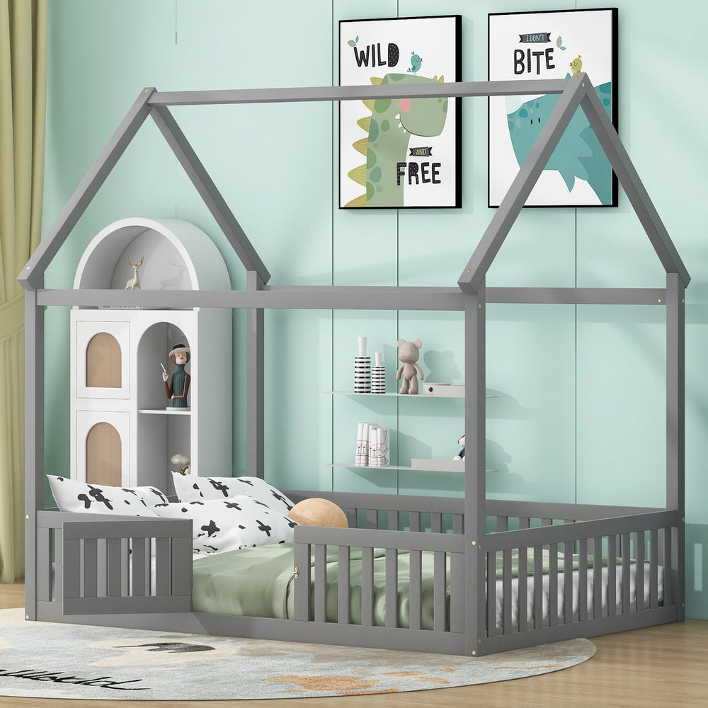 English Elm Full Size Pine House Bed with Pitched Roof Fence and Door for Kids Playroom WF531502AAE