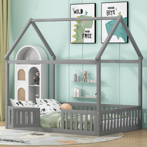 English Elm Full Size Pine House Bed with Pitched Roof Fence and Door for Kids Playroom WF531502AAE
