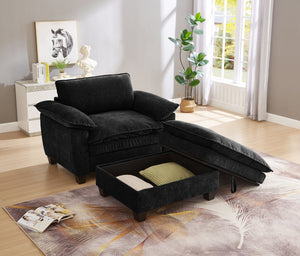 English Elm 51" Oversize Chaise Lounge Chair with Ottoman and Hidden Storage Upholstered in Soft Chenille Comfort Black W1097S00151