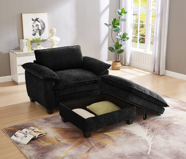 English Elm 51" Oversize Chaise Lounge Chair with Ottoman and Hidden Storage Upholstered in Soft Chenille Comfort Black W1097S00151
