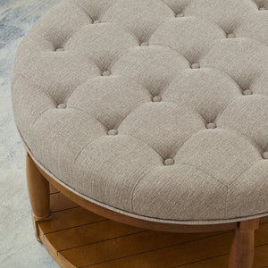 English Elm Large Round Tufted Ottoman Coffee Table with Wood Shelf for Living Room Lounge Linen W2186P212194