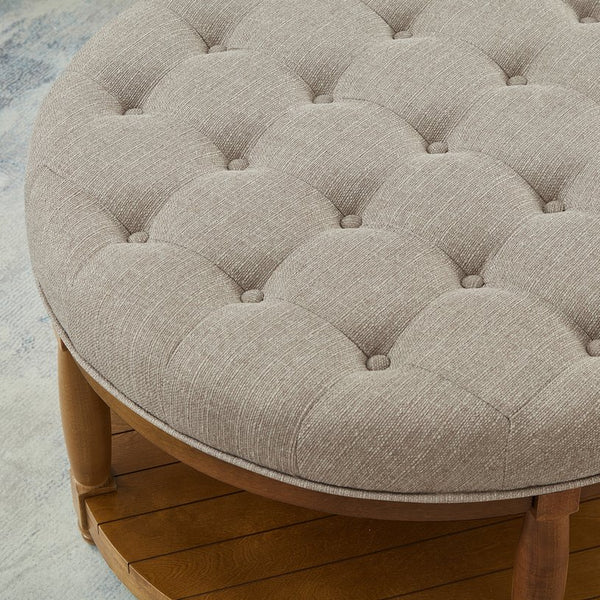 English Elm Large Round Tufted Ottoman Coffee Table with Wood Shelf for Living Room Lounge Linen W2186P212194