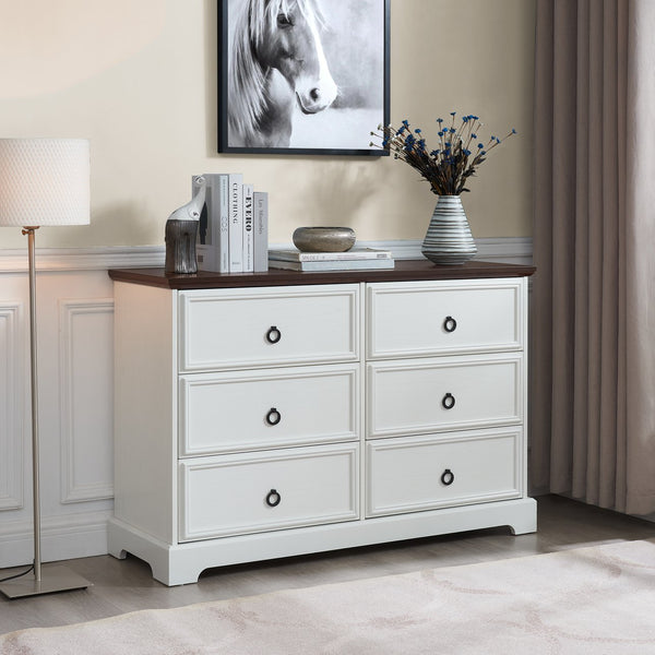 English Elm Modern 6-Drawer Chest of Drawers for Bedroom — Spacious Wooden Dresser with Smooth Glide Drawers, Elegant Patterned Top White W2275P224405