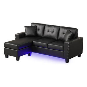 English Elm PVC Reversible Sectional Sofa Chaise with LED Lights, Tufted Cushions, Nailhead Trim & Pillows - Black B016P406048