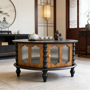English Elm 31.5-inch Round Carved Wood Coffee Table Vintage Distressed Finish Living Room Accent W3935P406106