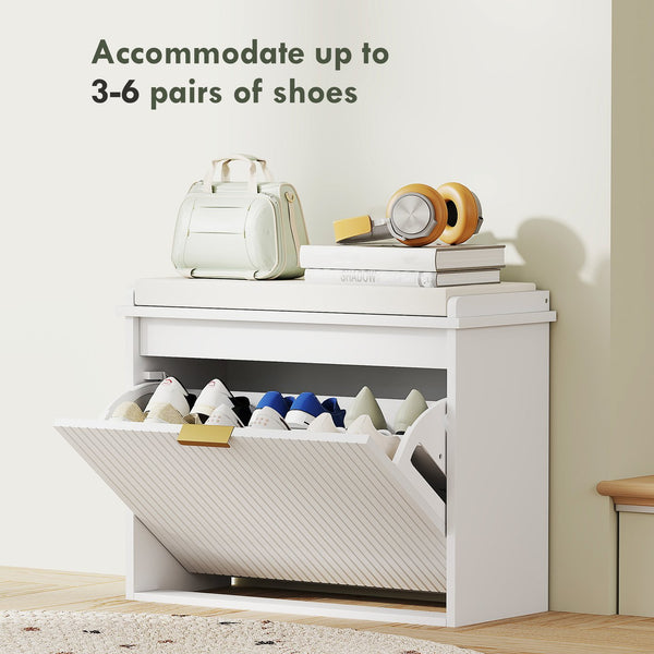 English Elm Shoe Storage Bench with Flip Cabinet Cushioned Seat Beadboard Entryway Organizer T3971P430894