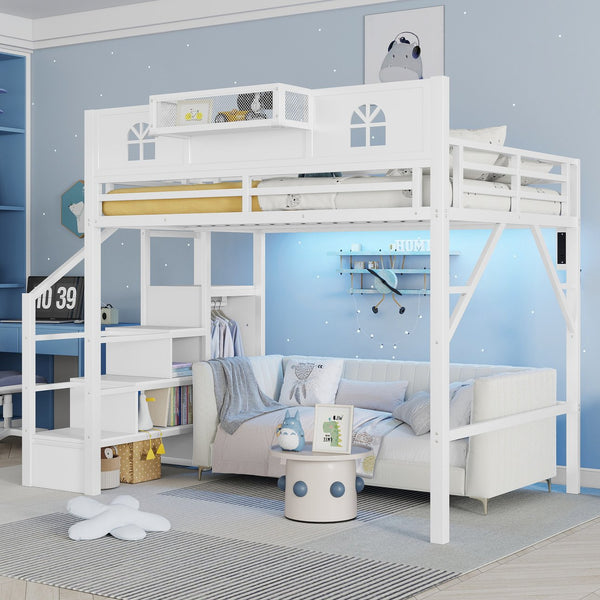 English Elm Full Size Steel Loft Bed with Staircase Storage Wardrobe Desk and Led Lighting White W2593S00056