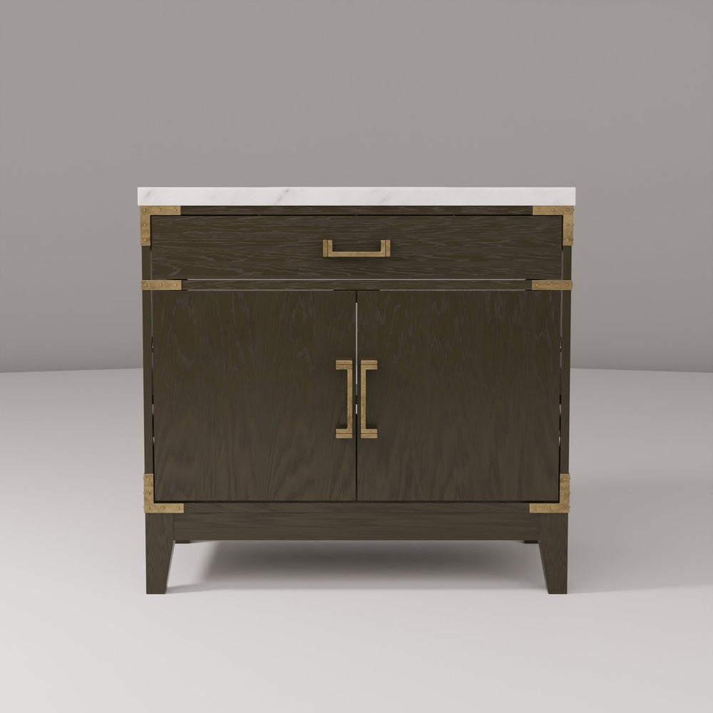 English Elm Brown Oak Single Bath Vanity With Carrara Marble Top, Elegant Design, Soft-Close Doors & Storage Solutions B2731P259775