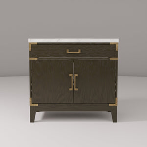 English Elm Brown Oak Single Bath Vanity With Carrara Marble Top, Elegant Design, Soft-Close Doors & Storage Solutions B2731P259775