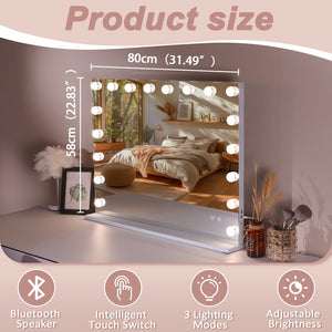 English Elm Vanity Mirror With Bluetooth Speaker & Usb Charge Port, 31.5''X22.8'' Large Led Makeup Mirror W3660P373022-GIGA