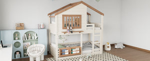English Elm Full Bunk Bed with Trundle Bookshelf Storage Pine Frame Car Design for Kids W1580S00324