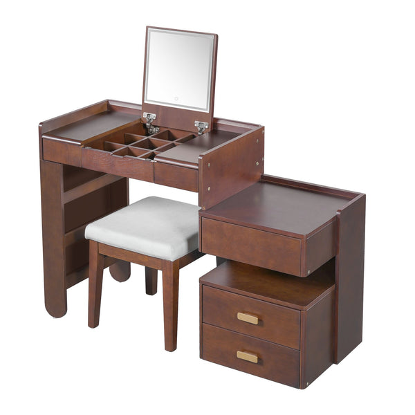 English Elm 3-in-1 Makeup Vanity Desk with Flip Mirror, LED 3-Color Lighting, Expandable Length & Ample Storage Drawers Walnut N844P285298W