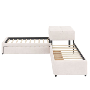 English Elm L-shaped Twin Platform Bed Set with Trundle Drawers and Center Table in Beige Linen GX000531AAA