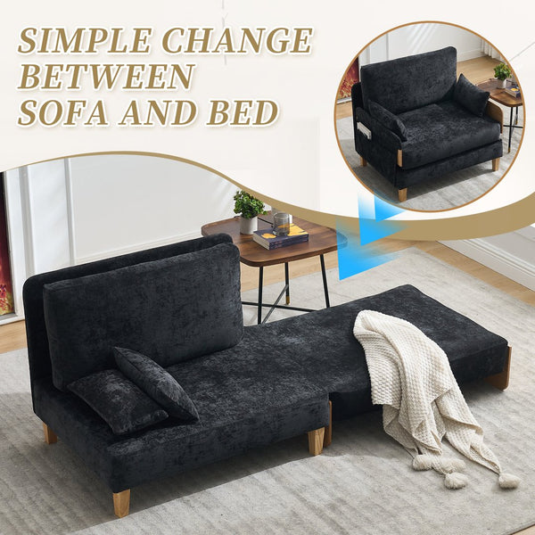 English Elm Foldable sofa bed recliner with three pillows, 3-in-1 convertible sleeper for small spaces, mid-century modern comfort Black W395P290560