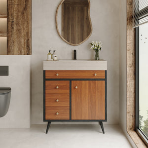 English Elm 29.9" Floating Bathroom Vanity Sintered Stone Top Soft Close Drawers Bronze Gold Hardware W3136S00043