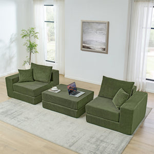 English Elm Modular Cloud Sectional Sofa with Corduroy Upholstery, Deep-Seat Sleeper Loveseat, Removable Ottoman, No-Assembly Comfort and Customizable Configuration Green W1117P357544