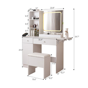 English Elm Vanity Desk With Adjustable Led Mirror, Hidden Storage Stool & Built-In Charging Station For Beauty W3008P234569-GIGA