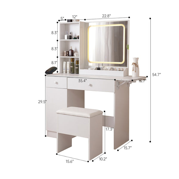 English Elm Vanity Desk With Adjustable Led Mirror, Hidden Storage Stool & Built-In Charging Station For Beauty W3008P234569-GIGA