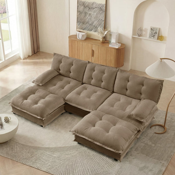 English Elm 107" U Shaped Chenille Sectional Cloud Sofa with Ottomans Deep Seat Modular Living Room Light Coffee W714S01709