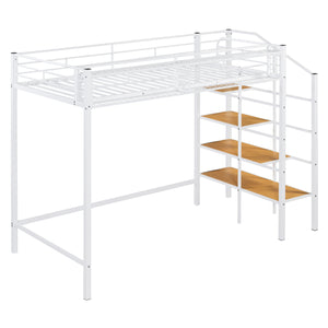 English Elm Twin Metal Loft Bed with Upper Grid Storage Shelf and 4-Layer Ladder Shelves for Space Saving White SF100081AAK