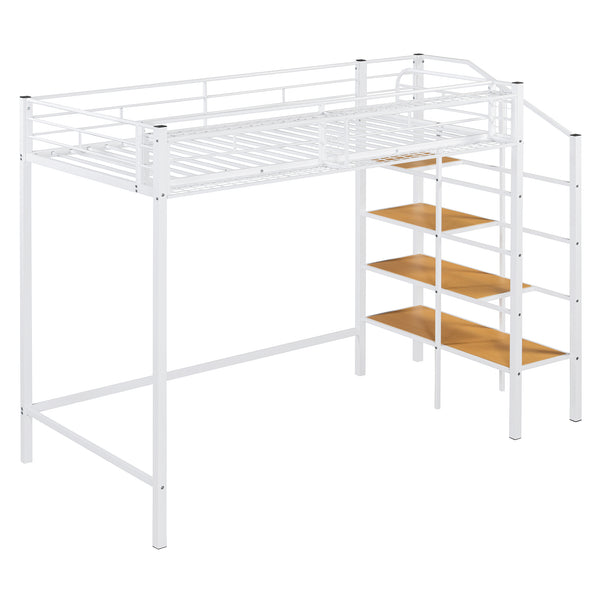 English Elm Twin Metal Loft Bed with Upper Grid Storage Shelf and 4-Layer Ladder Shelves for Space Saving White SF100081AAK