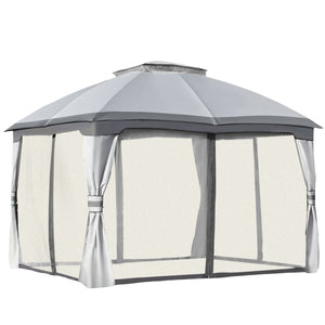 English Elm Gazebo Steel Frame Screened Patio Shelter with Double Tier Roof and Mesh Walls T3971P388788