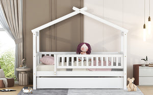English Elm Twin House Bed with Trundle Solid Pine Frame Walnut Kids Bedroom Sleepover N708P357115K