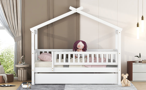 English Elm Twin House Bed with Trundle Solid Pine Frame Walnut Kids Bedroom Sleepover N708P357115K