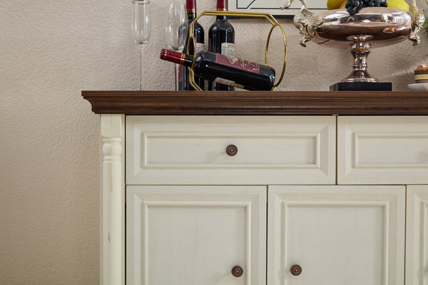 English Elm Farmhouse Large Storage Cabinet With Roman Columns, Versatile Wood Buffet & Wine Cooler Stand W2393P300547