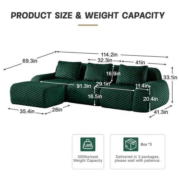 English Elm 114" Modular L-shaped Sectional Flannelette Sofa with Ottoman for Spacious Living Rooms Green W714S01526