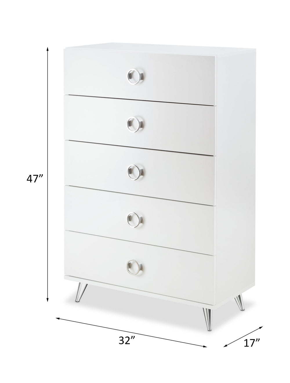 English Elm Elms White Finish Chest with 5 Smooth-Glide Drawers, Silver Ring Pulls & Modern Tapered Legs B2726P255308