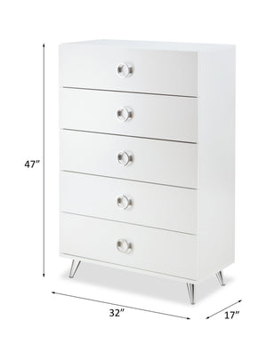 English Elm Elms White Finish Chest with 5 Smooth-Glide Drawers, Silver Ring Pulls & Modern Tapered Legs B2726P255308