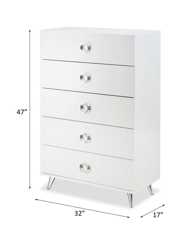 English Elm Elms White Finish Chest with 5 Smooth-Glide Drawers, Silver Ring Pulls & Modern Tapered Legs B2726P255308
