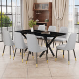 Hearth and Haven 1 Table and 8 Chairs Set.A Rectangular Dining Table with a Imitation Marble Black Table Top and Black Metal Legs.Paired with 8 Chairs with Leatherette Leather Seat Cushion and Black Metal Legs.F-1538, C-007 W1151S00966 W1151S00966