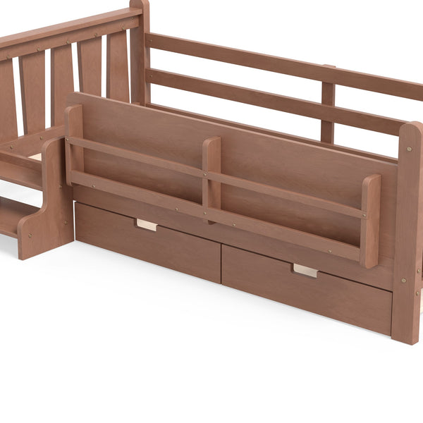English Elm Twin Pine Floor Bed with Guardrails Built-in Bookcases and Stair Steps for Kids Natural W1580P430200