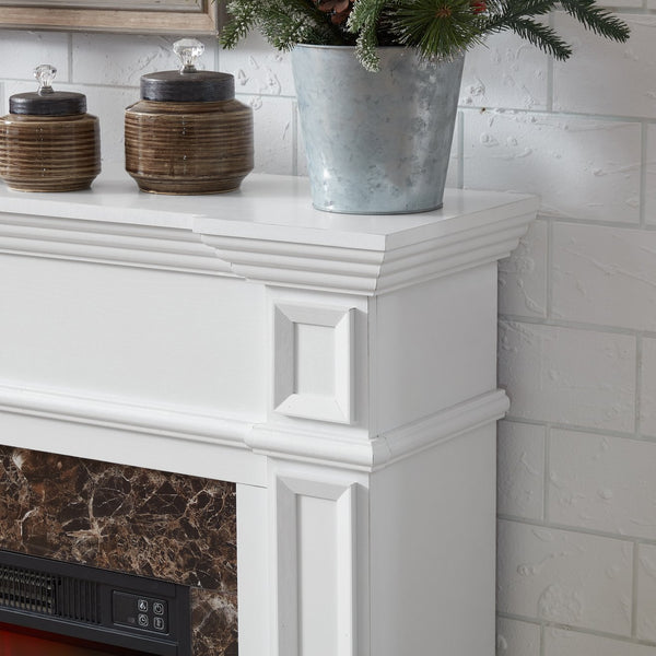 English Elm Electric Fireplace Mantel with Stacked Stone Surround Led Flame and Remote Heater White W2275S00047