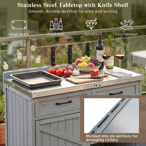 English Elm K&k Outdoor Prep Station Stainless Steel Top Fir Wood Cabinet with Drawer and Wheels Grey+Blue N707P370273G