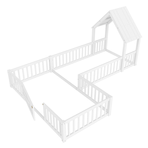 English Elm Twin House Floor Bed with Door & Full-Length Guardrails, Solid Wood Twin Loft Alternative for Kids White W1580P327128