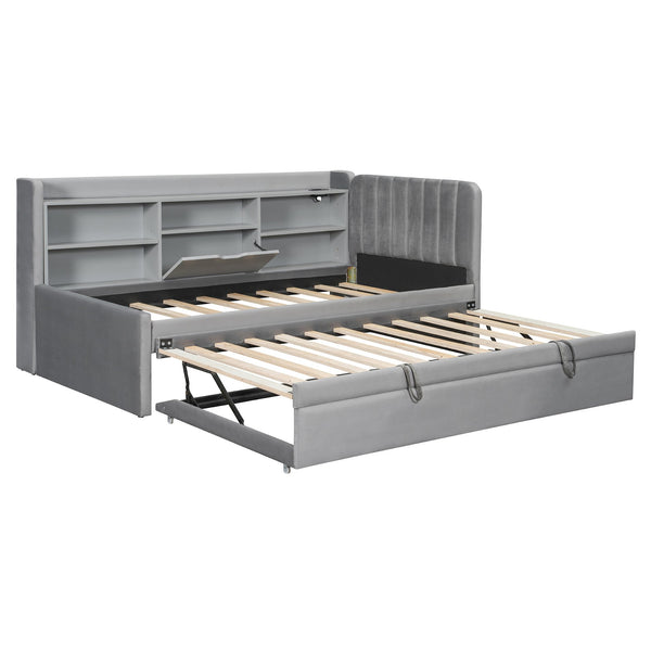 English Elm Twin Upholstered Daybed with Pull-Up Trundle, Velvet High Back with Shelves, Flip Storage & USB Gray SF000194AAE